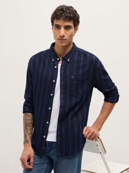 The Bear House - Men's Navy Blue Relaxed Fit Striped Cotton Casual Shirt