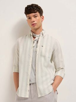 The Bear House - Men's Grey Slim Fit Striped Casual Shirt