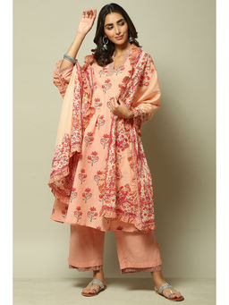 Biba - Womens Peach Printed Cotton A-line Suit (Set of 3)