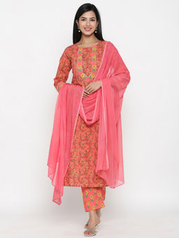 PINKVILLE JAIPUR - Peach Printed Kurta-Pants-dupatta (Set of 3)