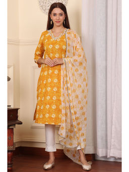 W - Yellow and White Floral Printed Chiffon Dupatta