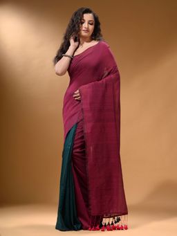Arhi - Fuchsia and Teal Cotton Handspun Soft Pompom Saree with Unstitched Blouse