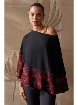 MAULI CASHMERE - Magical Poppy Cape Embroidered Fine Merino Wool Black Cape