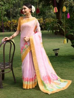Akhilam - Women Soft Silk Pink Digital Print Designer Saree with Unstitched Blouse