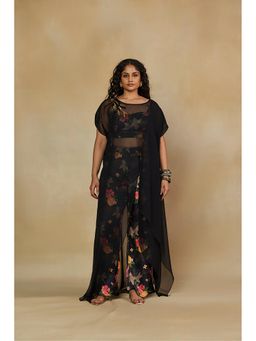 Mamicha - Black Printed Embroidered Crop Top with Pant and Cape (Set of 3)