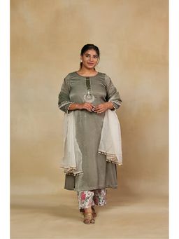 Mamicha - Embellished Olive Long Kurta With Printed Palazzo and Dupatta (Set of 3)