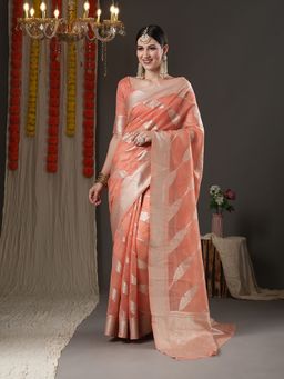 Akhilam - Womens Organza Peach Woven Design Designer Saree with Unstitched Blouse