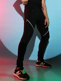 Campus Sutra - Men Solid Black Trackpant with Contrast Zipper Details