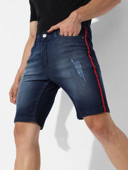 Campus Sutra - Men Side-Striped Dark-Wash Denim Shorts