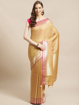 Indethnic - Banarasi Beige Woven Design Party Wear Saree With Unstitched Blouse