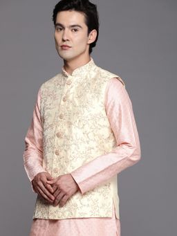 Manyavar - Beige Sleeveless Mandarin Collar Nehru Jacket