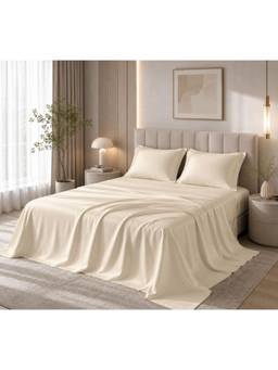 ARRABI - Premium Milk Beige Solid Satin King Size Fitted Bedsheet with 2 Pillow Covers