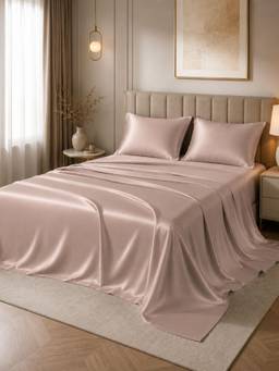ARRABI - Premium Brown Latte Solid Satin King Size Fitted Bedsheet with 2 Pillow Covers