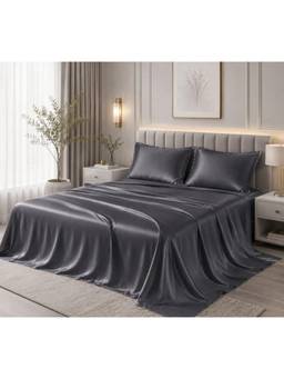ARRABI - Premium Mink Grey Solid Satin King Size Fitted Bedsheet with 2 Pillow Covers