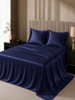 ARRABI - Premium Midnight Blue Solid Satin King Size Fitted Bedsheet with 2 Pillow Covers