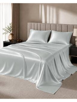 ARRABI - Premium Light Blue Solid Satin King Size Fitted Bedsheet with 2 Pillow Covers