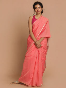 Indethnic - Banarasi Coral Woven Daily Wear Saree With Unstitched Blouse