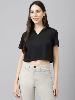 Xpose - Women Black Solid Polo V-neck Top