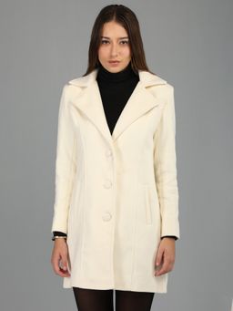 HONNETE - Women's Textured Regular Fit Cream Single Breasted Winter Coat