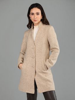 HONNETE - Women's Textured Regular Fit Beige Single Breasted Winter Coat