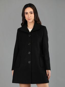 HONNETE - Women's Solid Black Single Breasted Winter Coat