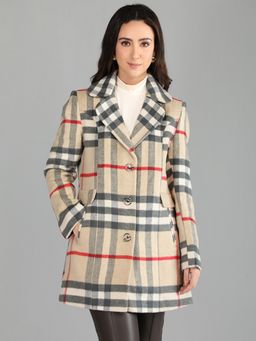 HONNETE - Women's Checks Regular Khaki Single Breasted Winter Coat