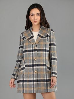 HONNETE - Women's Checks Regular Grey Single Breasted Winter Coat