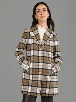 HONNETE - Women's Checks Regular Fit Khaki Single Breasted Winter Coat