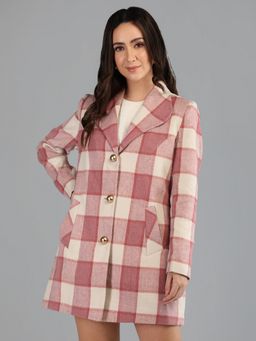 HONNETE - Women's Checks Pink Regular Fit Single Breasted Winter Coat