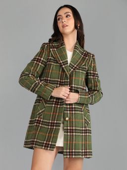 HONNETE - Women's Checks Regular Green Single Breasted Winter Coat