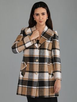 HONNETE - Women's Checks Regular Fit Multi-Color Single Breasted Winter Coat