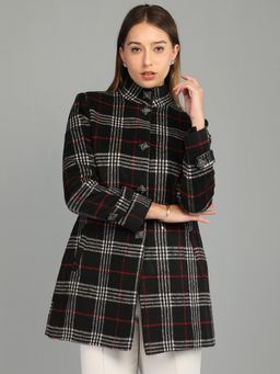 HONNETE - Women's Checks Black Longline Single Breasted Winter Coat