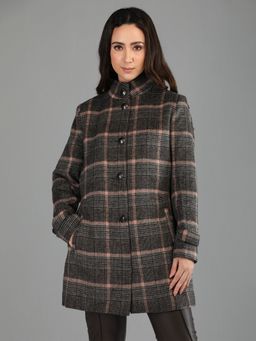 HONNETE - Women's Checks Black Single Breasted Casual Winter Coat