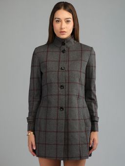 HONNETE - Women's Checks Grey Single Breasted Regular Fit Winter Coat