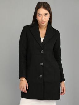 HONNETE - Women's Black Solid Regular Fit Single Breasted Winter Coat