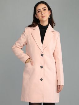 HONNETE - Women's Solid Regular Fit Pink Single Breasted Winter Coat