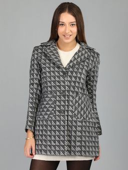 HONNETE - Women's Checks Grey Single Breasted Regular Fit Winter Coat