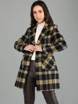 HONNETE - Women's Checks Regular Fit Yellow Single Breasted Winter Coat