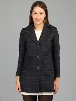 HONNETE - Women's Checks Black Single-Breasted Winter Coat