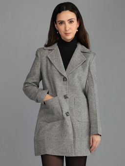 HONNETE - Women's Solid Casual Grey Single Breasted Winter Coat