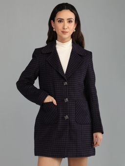 HONNETE - Women's Checks Regular Fit Purple Single Breasted Winter Coat