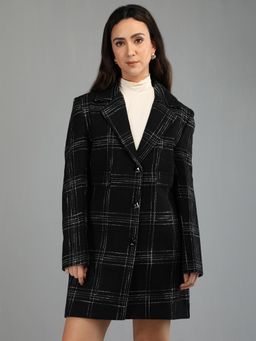 HONNETE - Women's Black checks Regular Fit Single Breasted Winter Coat