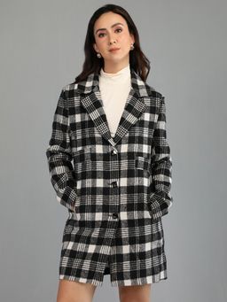 HONNETE - Women's Checks Regular Fit Black Single Breasted Winter Coat