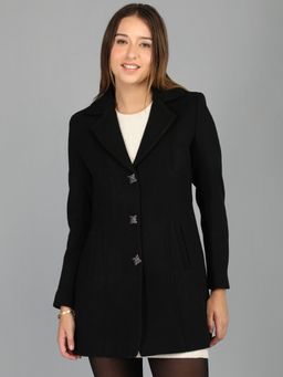 HONNETE - Women's Solid Regular Fit Black Single Breasted Casual Winter Coat