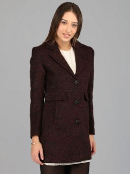 HONNETE - Women's Textured Regular Fit Red Single Breasted Winter Coat