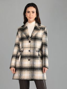 HONNETE - Women's Checks Regular Fit Cream Single Breasted Winter Coat