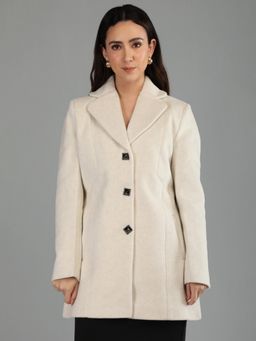 HONNETE - Women's Solid Off White Regular Single Breasted Winter Coat