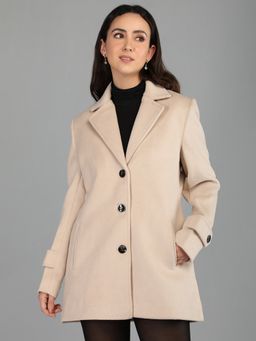 HONNETE - Women's Solid Regular Fit Single Breasted Beige Winter Coat