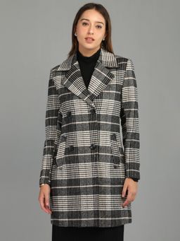 HONNETE - Women's Checks Regular Fit Double Breasted Black Winter Coat