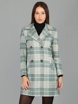 HONNETE - Women's Checks Regular Fit Green Double Breasted Winter Coat
